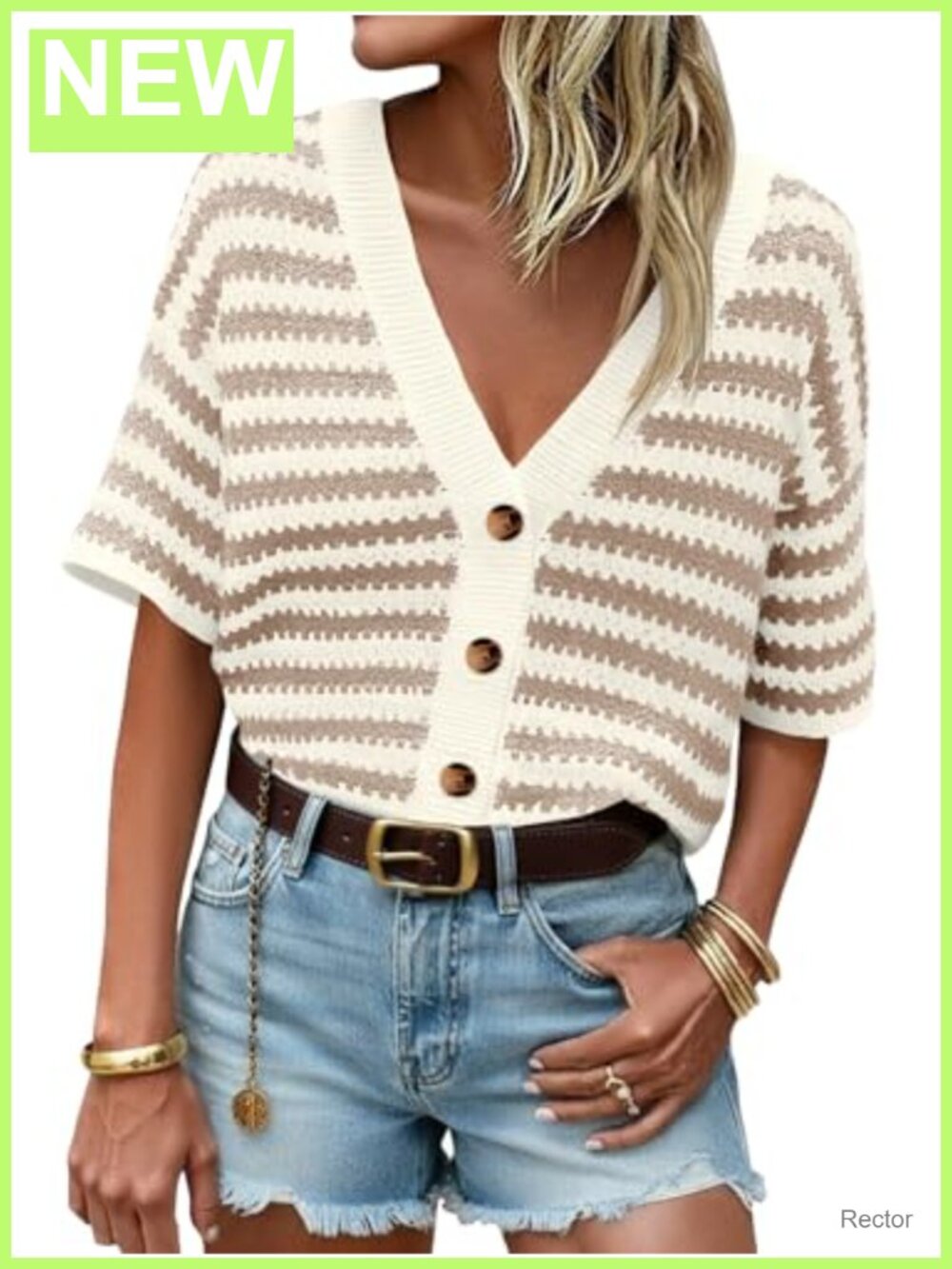 Striped Crochet Short Sleeve Button Up Cardigan Sweater